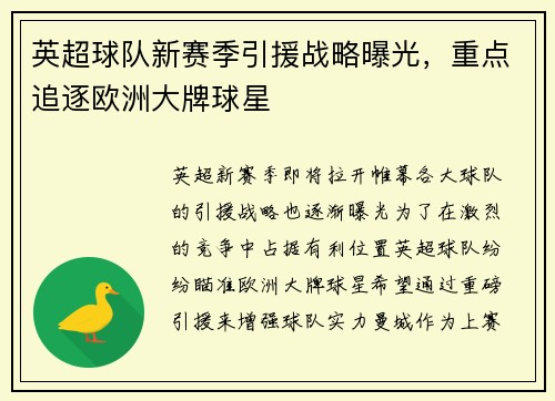 英超球队新赛季引援战略曝光，重点追逐欧洲大牌球星